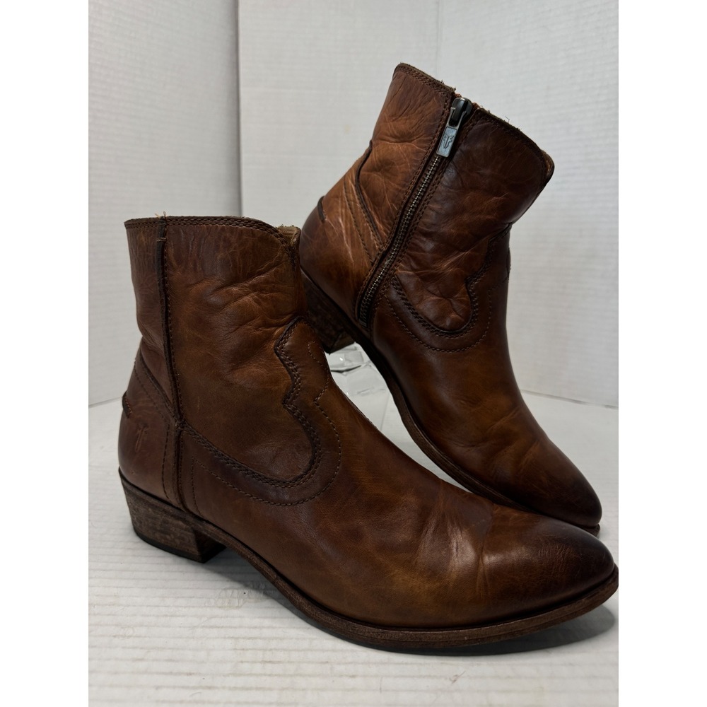 Frye Womens 8 Brown Leather Western Cowboy Ankle Boots Pointed Toe Side Zip
